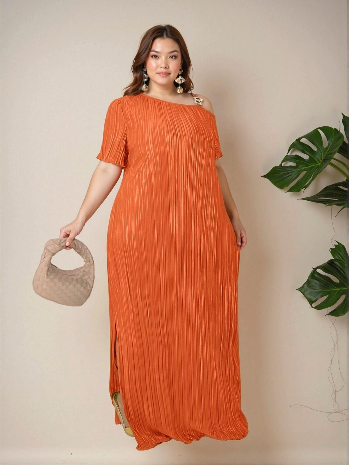 "Elegant Orange Asymmetric Collar Metal Decor Button Short Sleeve Textured Fabric Split Hem Maxi Dress for Women, Perfect for Spring and Summer Outfits. Chic, Classy and Trendy Fashion Style to Dress to Impress" - Image 4