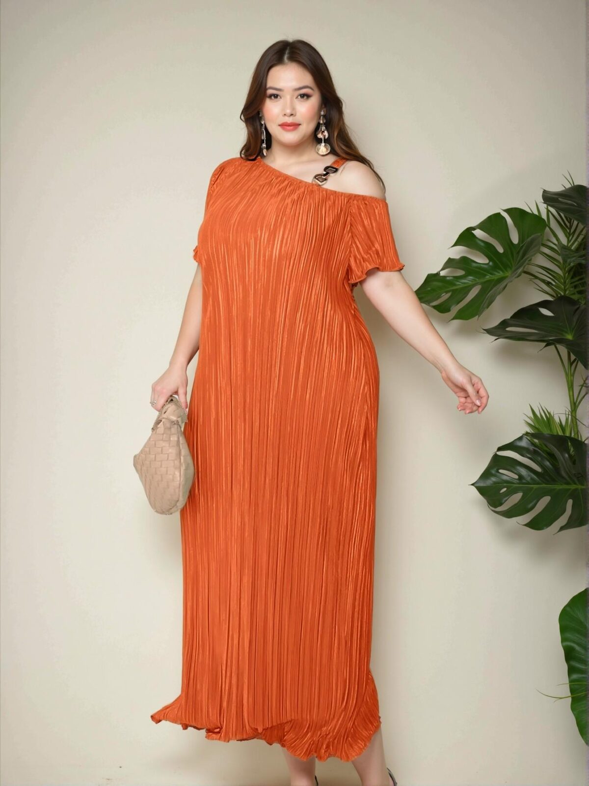 "Elegant Orange Asymmetric Collar Metal Decor Button Short Sleeve Textured Fabric Split Hem Maxi Dress for Women, Perfect for Spring and Summer Outfits. Chic, Classy and Trendy Fashion Style to Dress to Impress" - Image 5