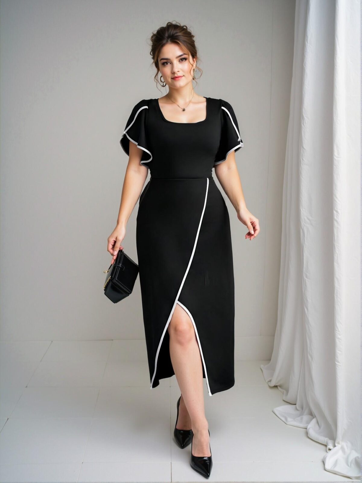 Elegant Black Stylish Plus Size Color Block Dress with Contrast Trim, Perfect for Spring and Summer Events - Chic, Classy and Trendy Fashion Style to Dress to Impress