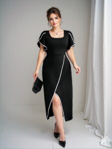Elegant Black Stylish Plus Size Color Block Dress with Contrast Trim, Perfect for Spring and Summer Events - Chic, Classy and Trendy Fashion Style to Dress to Impress