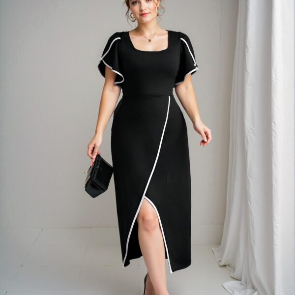 Elegant Black Stylish Plus Size Color Block Dress with Contrast Trim, Perfect for Spring and Summer Events - Chic, Classy and Trendy Fashion Style to Dress to Impress