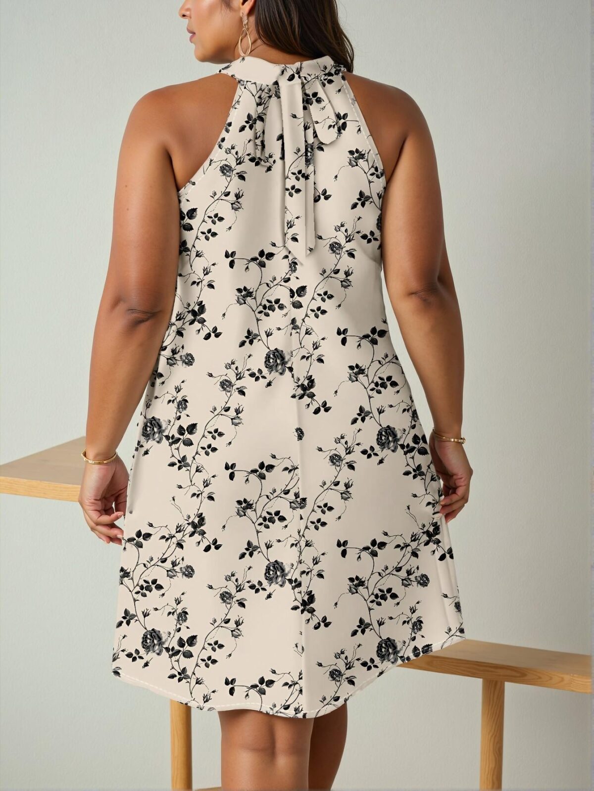 Elegant Beige Flared A-Line Plus Size Dress with Floral Print for Warm Seasons - Chic, Classy and Trendy Fashion Style to Dress to Impress - Image 2