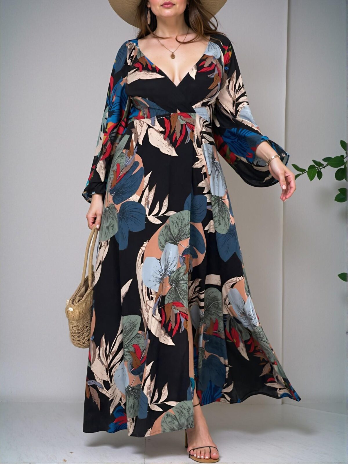 Elegant Black Flared A-Line Maxi Dress with Tropical Print, V Neckline, Long Bishop Sleeves, and Side Slits for Spring and Summer - Chic, Classy and Trendy Fashion Style to Dress to Impress
