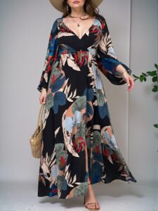 Elegant Black Flared A-Line Maxi Dress with Tropical Print, V Neckline, Long Bishop Sleeves, and Side Slits for Spring and Summer - Chic, Classy and Trendy Fashion Style to Dress to Impress