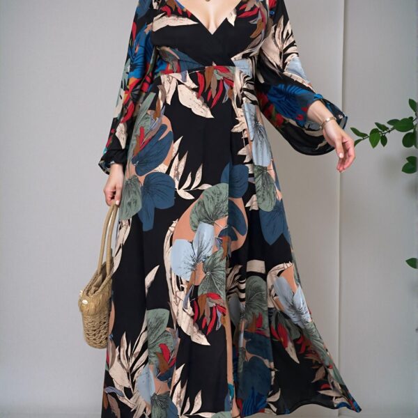 Elegant Black Flared A-Line Maxi Dress with Tropical Print, V Neckline, Long Bishop Sleeves, and Side Slits for Spring and Summer - Chic, Classy and Trendy Fashion Style to Dress to Impress