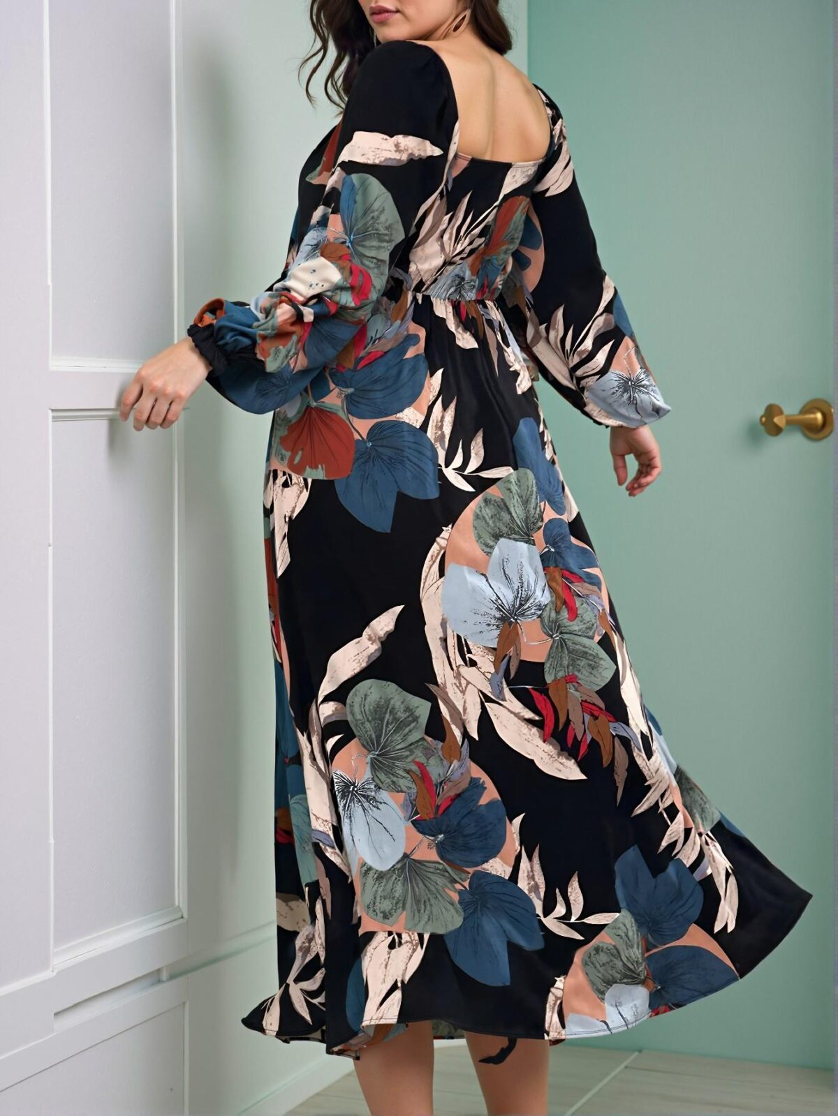 Elegant Black Flared A-Line Maxi Dress with Tropical Print, V Neckline, Long Bishop Sleeves, and Side Slits for Spring and Summer - Chic, Classy and Trendy Fashion Style to Dress to Impress - Image 2