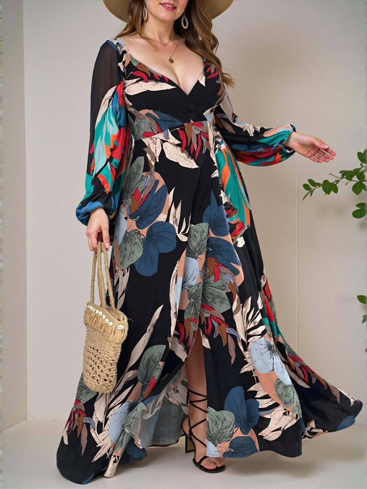 Elegant Black Flared A-Line Maxi Dress with Tropical Print, V Neckline, Long Bishop Sleeves, and Side Slits for Spring and Summer - Chic, Classy and Trendy Fashion Style to Dress to Impress - Image 3