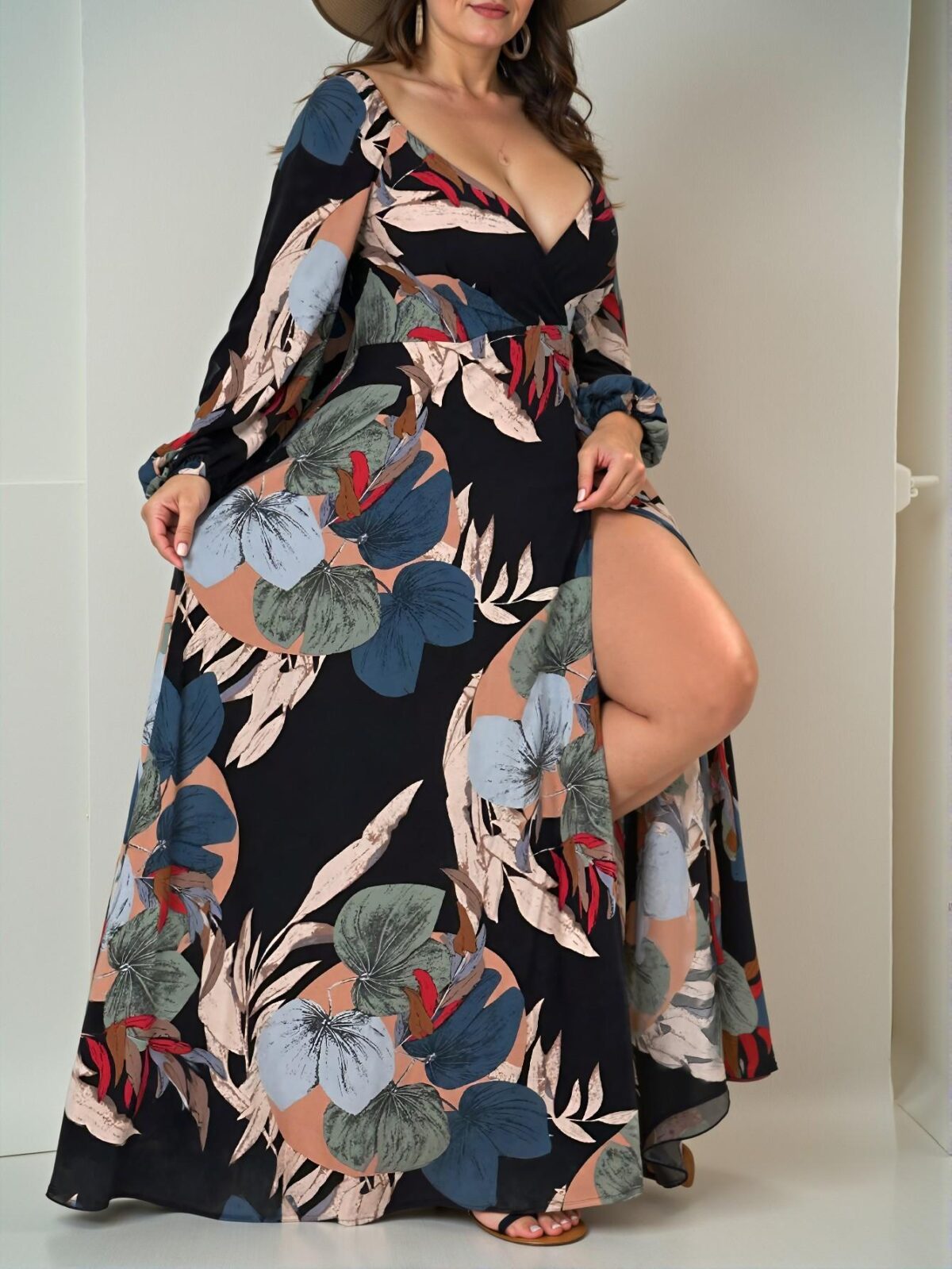 Elegant Black Flared A-Line Maxi Dress with Tropical Print, V Neckline, Long Bishop Sleeves, and Side Slits for Spring and Summer - Chic, Classy and Trendy Fashion Style to Dress to Impress - Image 4