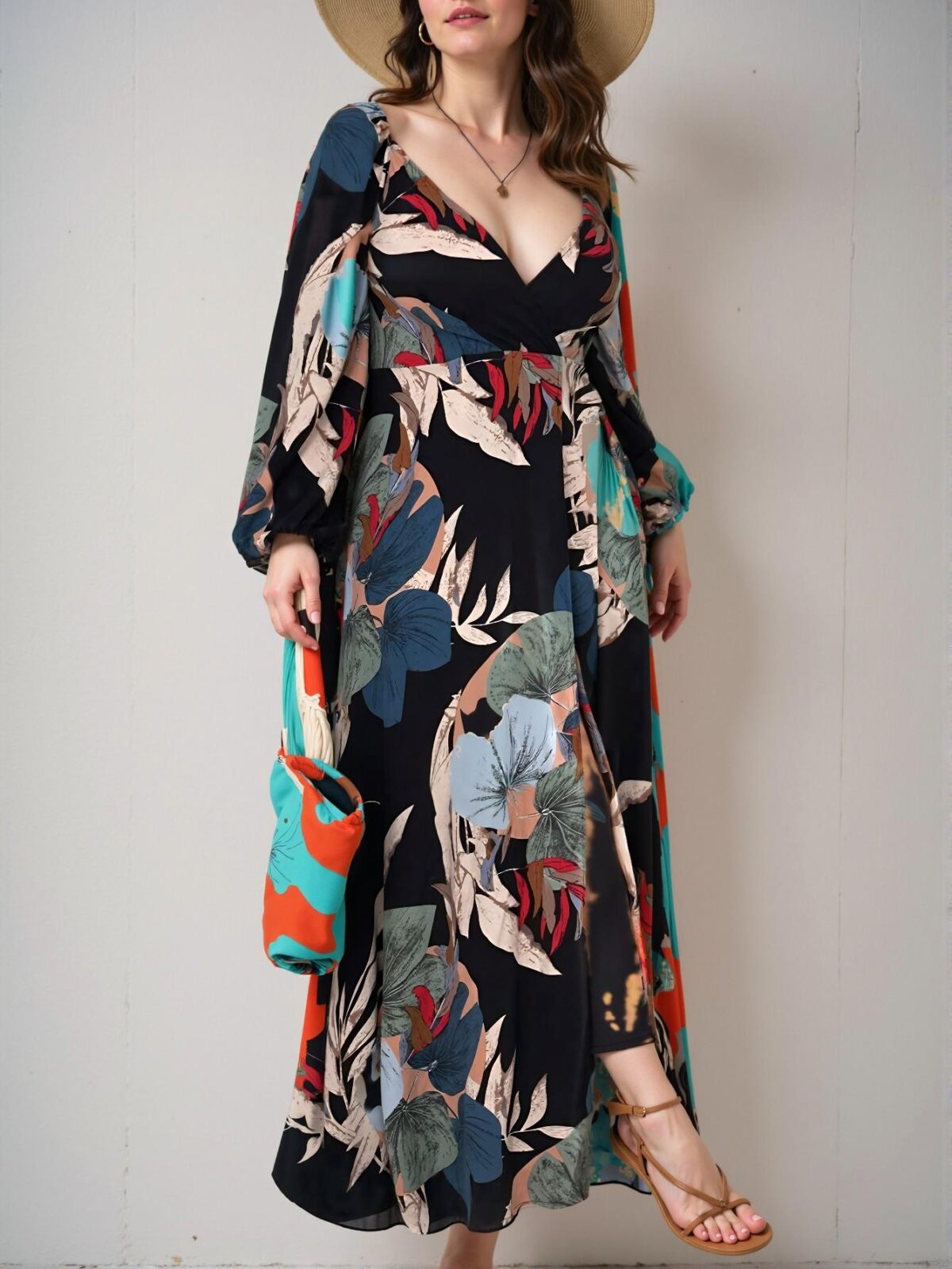 Elegant Black Flared A-Line Maxi Dress with Tropical Print, V Neckline, Long Bishop Sleeves, and Side Slits for Spring and Summer - Chic, Classy and Trendy Fashion Style to Dress to Impress - Image 5