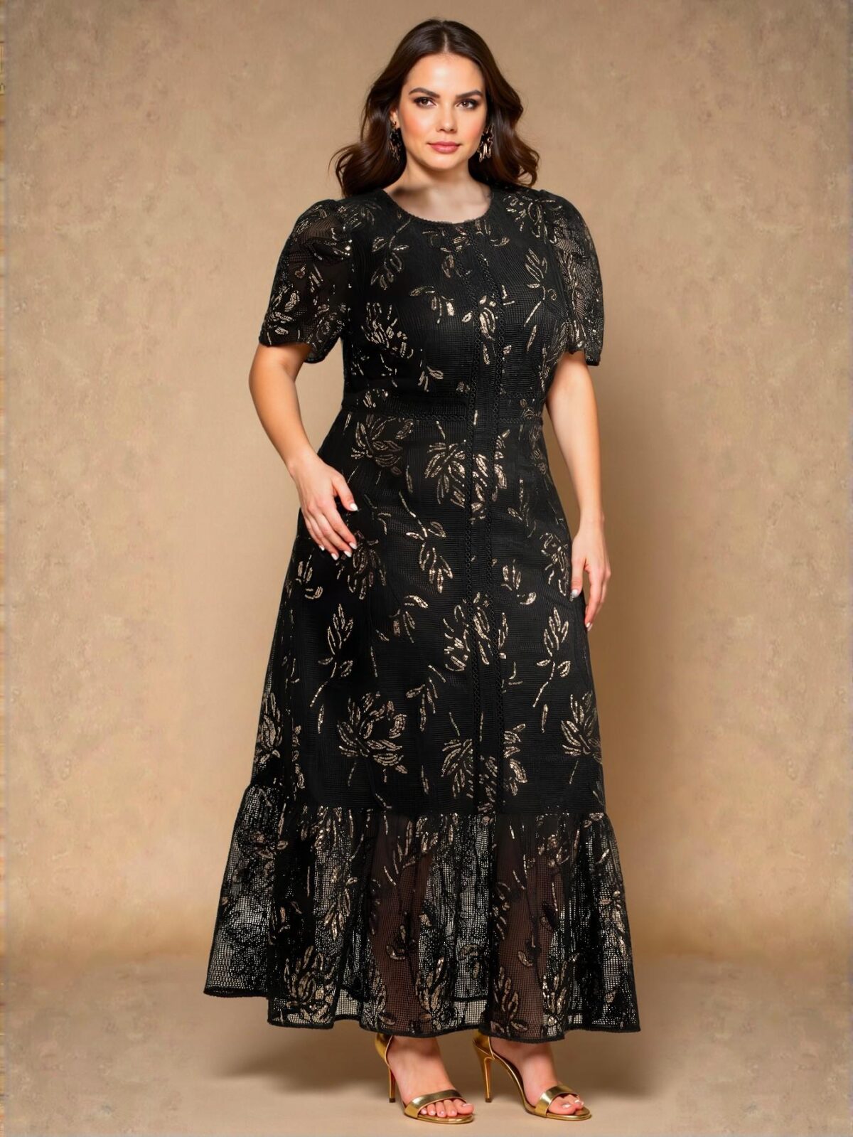 Elegant Black Textured Apricot Short Sleeve Dress, Perfect for Spring and Summer Celebrations and Getaways "Chic, Classy and Trendy Fashion Style to Dress to Impress" - Image 3