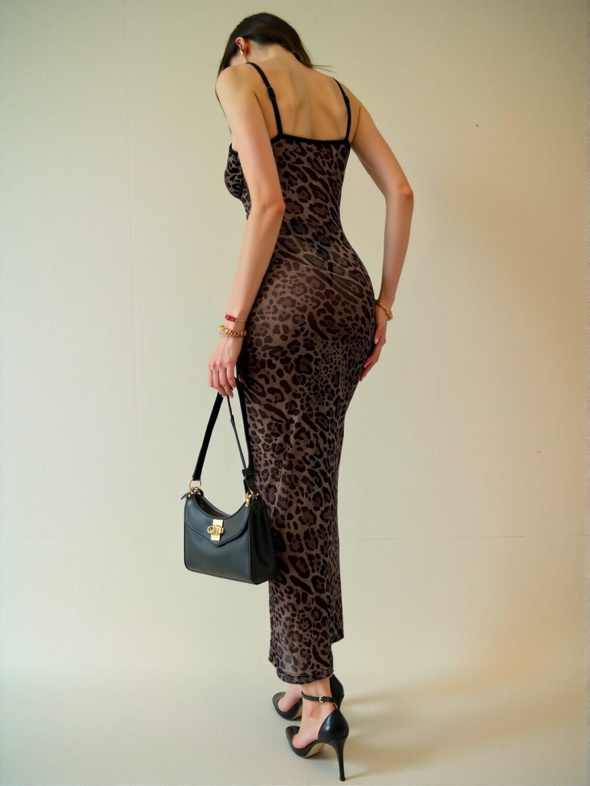 Elegant Brown Sleek Leopard Print Mesh Slip Dress, Tailored Fit, Long Style for Tea Parties in Spring and Summer - Chic, Classy and Trendy Fashion Style to Dress to Impress - Image 3