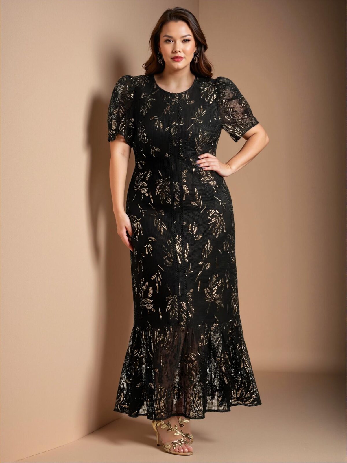 Elegant Black Textured Apricot Short Sleeve Dress, Perfect for Spring and Summer Celebrations and Getaways "Chic, Classy and Trendy Fashion Style to Dress to Impress" - Image 4