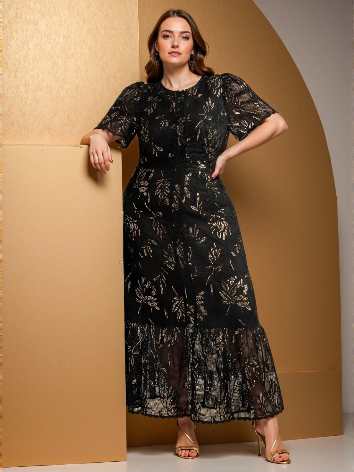 Elegant Black Textured Apricot Short Sleeve Dress, Perfect for Spring and Summer Celebrations and Getaways "Chic, Classy and Trendy Fashion Style to Dress to Impress" - Image 5