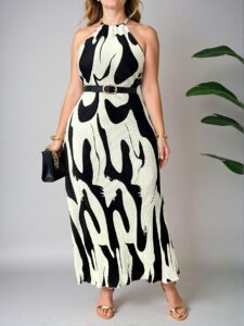 Elegant Apricot Plus Size Halter Neck Maxi Dress with Colorblock Print for Women - Chic, Classy and Trendy Fashion Style to Dress to Impress