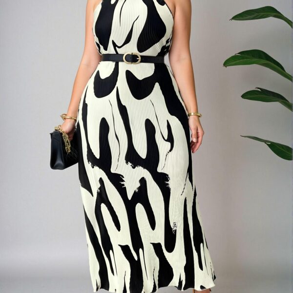 Elegant Apricot Plus Size Halter Neck Maxi Dress with Colorblock Print for Women - Chic, Classy and Trendy Fashion Style to Dress to Impress