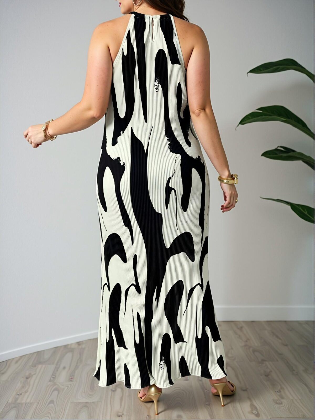 Elegant Apricot Plus Size Halter Neck Maxi Dress with Colorblock Print for Women - Chic, Classy and Trendy Fashion Style to Dress to Impress - Image 2