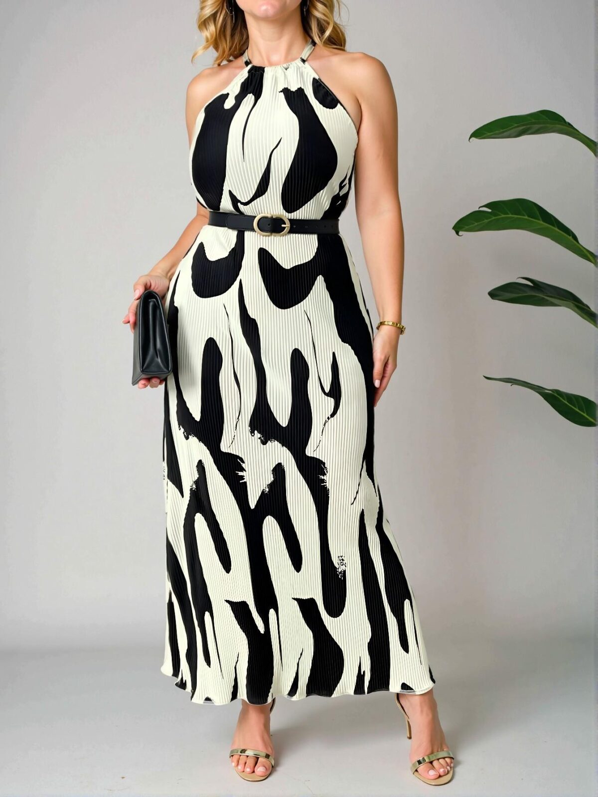 Elegant Apricot Plus Size Halter Neck Maxi Dress with Colorblock Print for Women - Chic, Classy and Trendy Fashion Style to Dress to Impress - Image 3