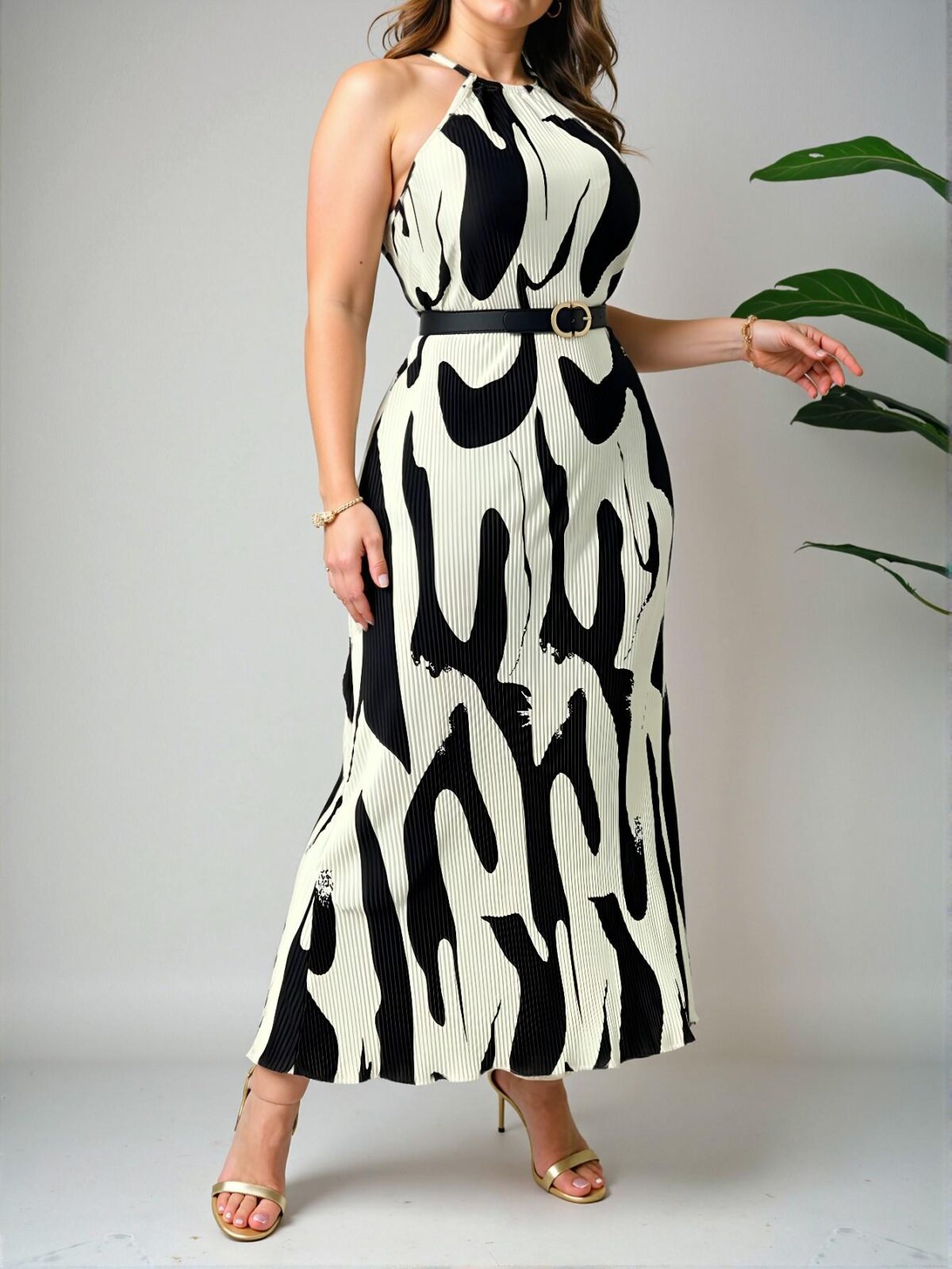Elegant Apricot Plus Size Halter Neck Maxi Dress with Colorblock Print for Women - Chic, Classy and Trendy Fashion Style to Dress to Impress - Image 4