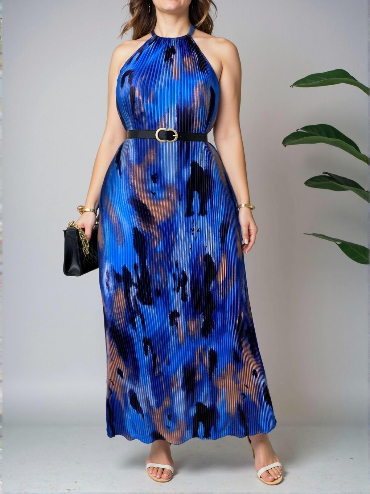 Elegant Royal Blue Color Block Pleated Halter Neck Maxi Dress for Spring and Summer - Chic, Classy and Trendy Fashion Style to Dress to Impress
