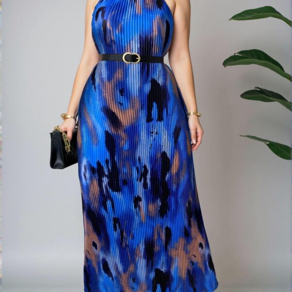 Elegant Royal Blue Color Block Pleated Halter Neck Maxi Dress for Spring and Summer - Chic, Classy and Trendy Fashion Style to Dress to Impress