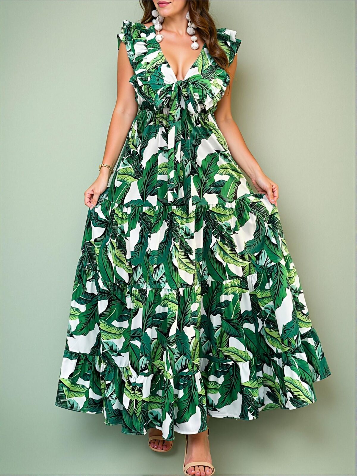 Elegant Green Boho A-Line Random Print Dress for Warm Weather Chic, Classy and Trendy Fashion Style to Dress to Impress - Image 3