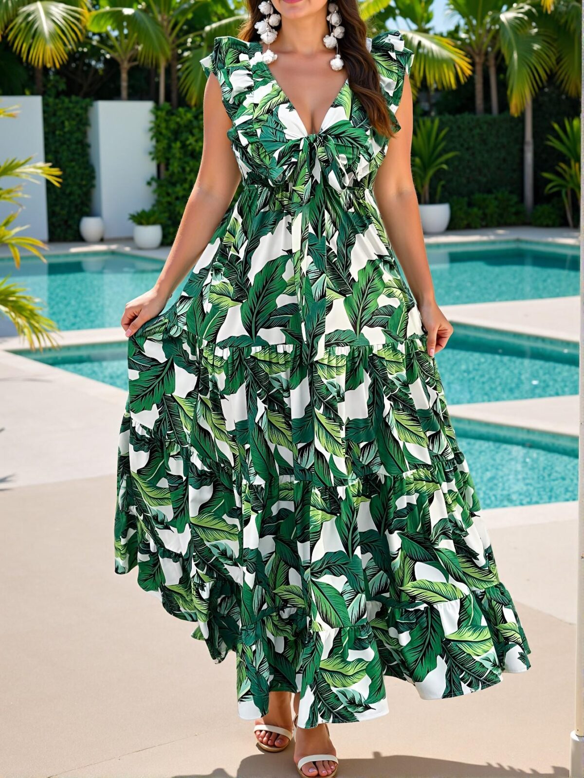 Elegant Green Boho A-Line Random Print Dress for Warm Weather Chic, Classy and Trendy Fashion Style to Dress to Impress - Image 4