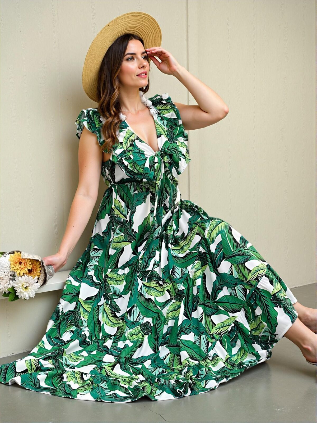 Elegant Green Boho A-Line Random Print Dress for Warm Weather Chic, Classy and Trendy Fashion Style to Dress to Impress - Image 5