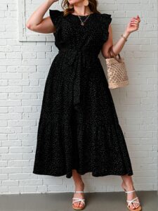 Elegant Black A-Line Polka Dot Print Ruffle Trim Belted Maxi Dress for Spring and Summer Chic, Classy and Trendy Fashion Style to Dress to Impress