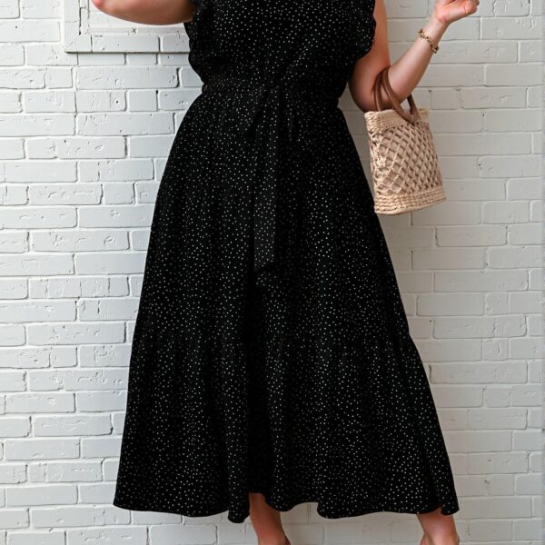 Elegant Black A-Line Polka Dot Print Ruffle Trim Belted Maxi Dress for Spring and Summer Chic, Classy and Trendy Fashion Style to Dress to Impress