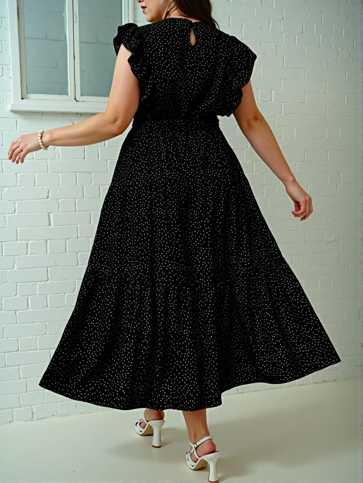 Elegant Black A-Line Polka Dot Print Ruffle Trim Belted Maxi Dress for Spring and Summer Chic, Classy and Trendy Fashion Style to Dress to Impress - Image 2