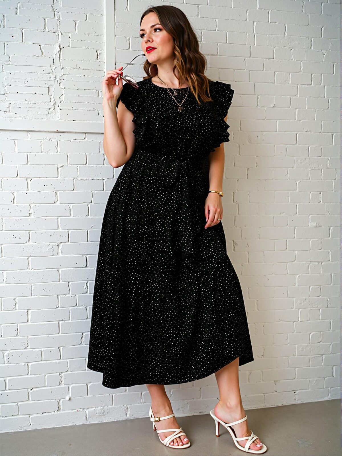 Elegant Black A-Line Polka Dot Print Ruffle Trim Belted Maxi Dress for Spring and Summer Chic, Classy and Trendy Fashion Style to Dress to Impress - Image 3