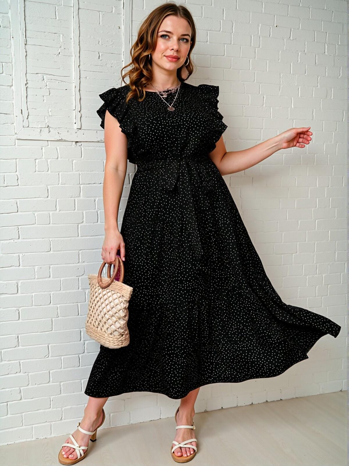 Elegant Black A-Line Polka Dot Print Ruffle Trim Belted Maxi Dress for Spring and Summer Chic, Classy and Trendy Fashion Style to Dress to Impress - Image 4