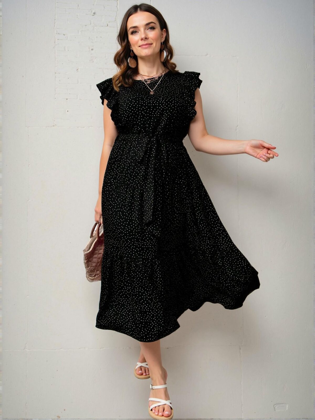 Elegant Black A-Line Polka Dot Print Ruffle Trim Belted Maxi Dress for Spring and Summer Chic, Classy and Trendy Fashion Style to Dress to Impress - Image 5