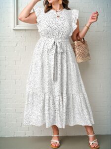 Elegant White Flounce Sleeve Polka Dot Print Maxi Dress with Ruffle Trim and Belt for Spring and Summer "Chic, Classy and Trendy Fashion Style to Dress to Impress"
