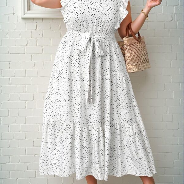 Elegant White Flounce Sleeve Polka Dot Print Maxi Dress with Ruffle Trim and Belt for Spring and Summer "Chic, Classy and Trendy Fashion Style to Dress to Impress"