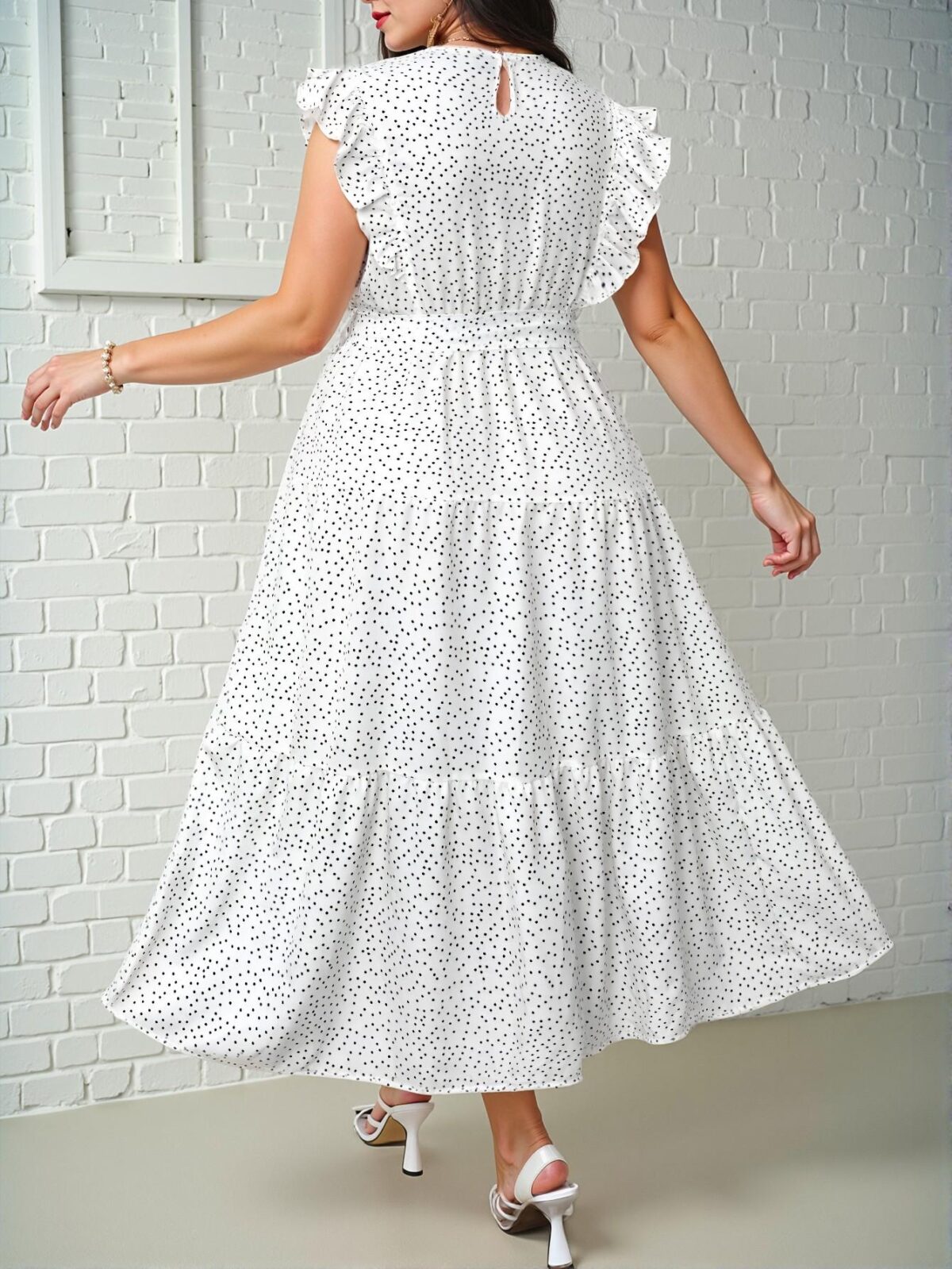 Elegant White Flounce Sleeve Polka Dot Print Maxi Dress with Ruffle Trim and Belt for Spring and Summer "Chic, Classy and Trendy Fashion Style to Dress to Impress" - Image 2