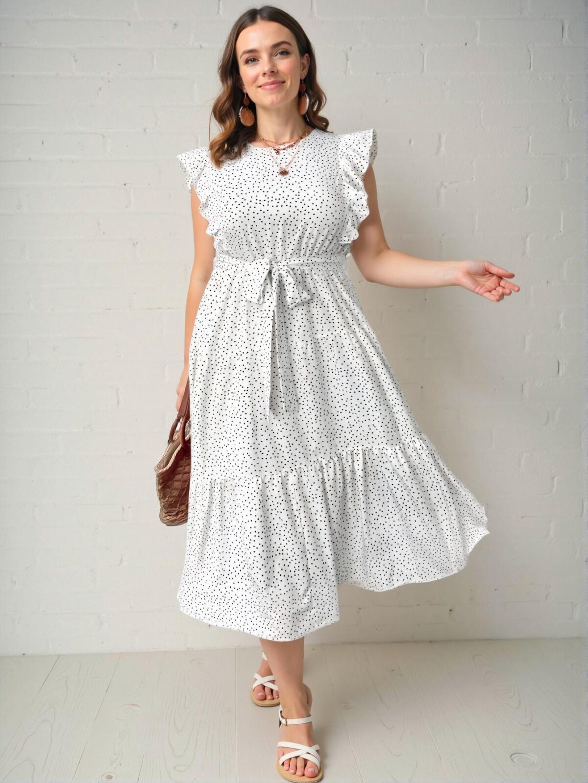 Elegant White Flounce Sleeve Polka Dot Print Maxi Dress with Ruffle Trim and Belt for Spring and Summer "Chic, Classy and Trendy Fashion Style to Dress to Impress" - Image 3