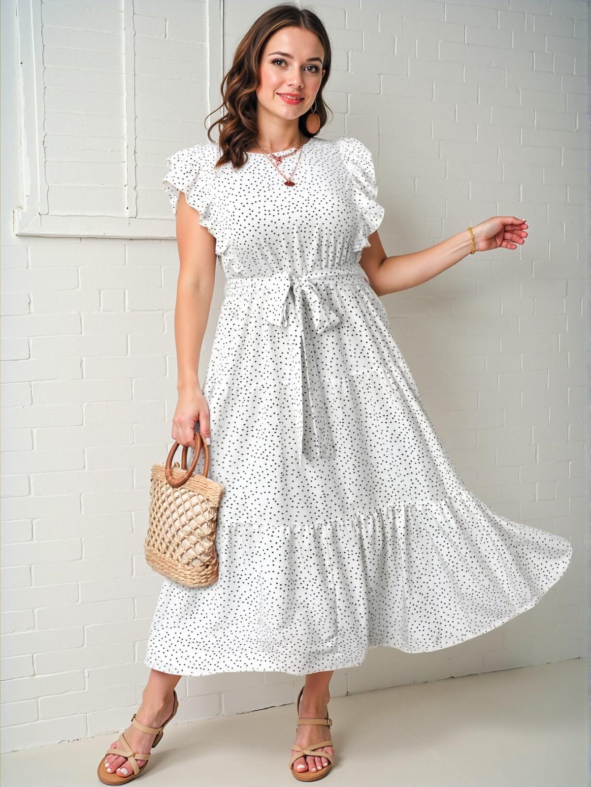 Elegant White Flounce Sleeve Polka Dot Print Maxi Dress with Ruffle Trim and Belt for Spring and Summer "Chic, Classy and Trendy Fashion Style to Dress to Impress" - Image 4