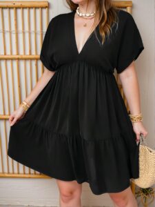 Elegant Black Flounce Hem Deep V-Neck Batwing Sleeve A-Line Dress for Spring and Summer - Chic, Classy and Trendy Fashion Style to Dress to Impress