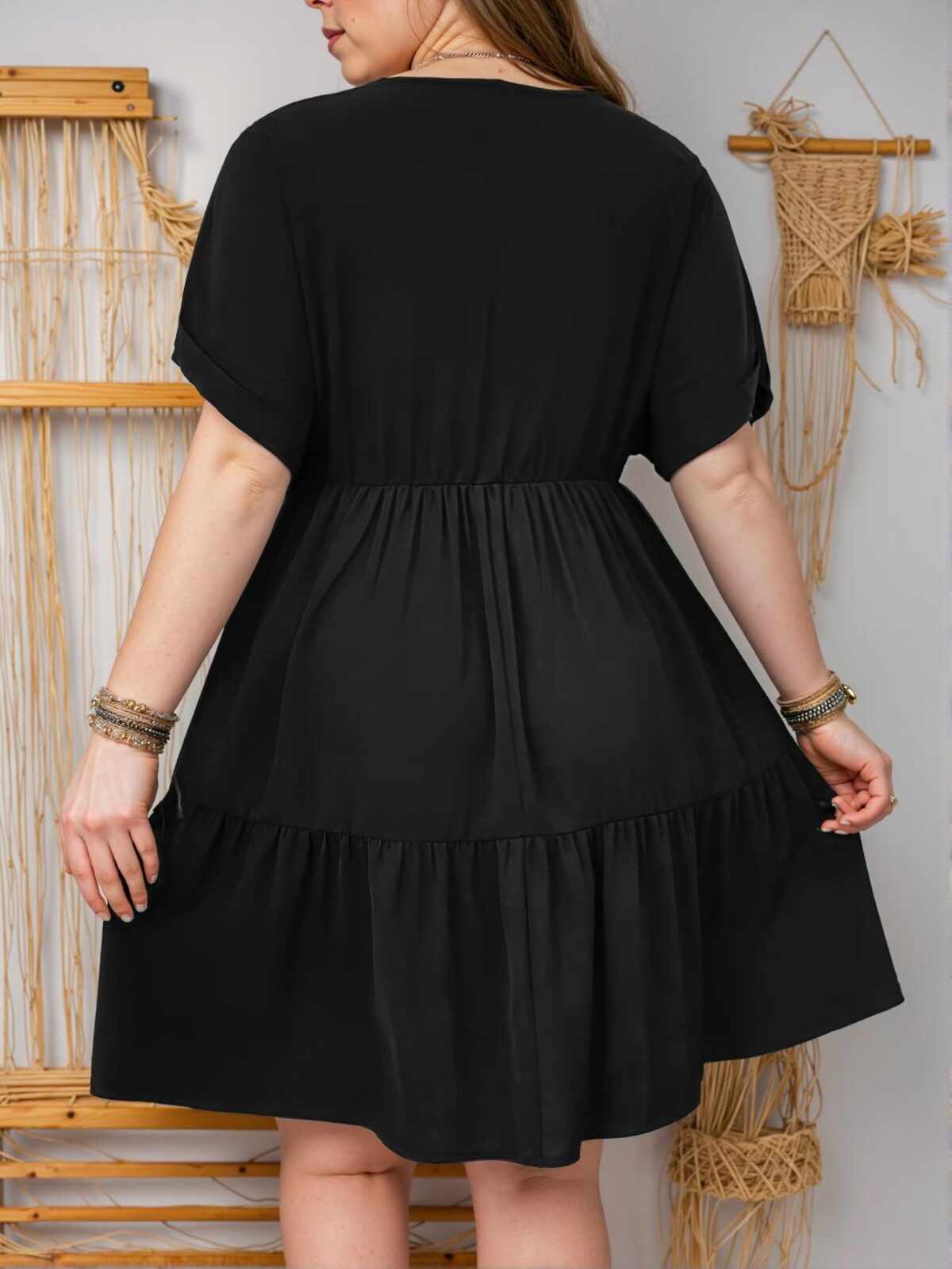 Elegant Black Flounce Hem Deep V-Neck Batwing Sleeve A-Line Dress for Spring and Summer - Chic, Classy and Trendy Fashion Style to Dress to Impress - Image 2