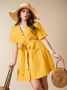 Elegant Yellow Stylish A-Line Casual Drawstring Waist Short Sleeve Dress for Spring and Summer "Chic, Classy and Trendy Fashion Style to Dress to Impress"