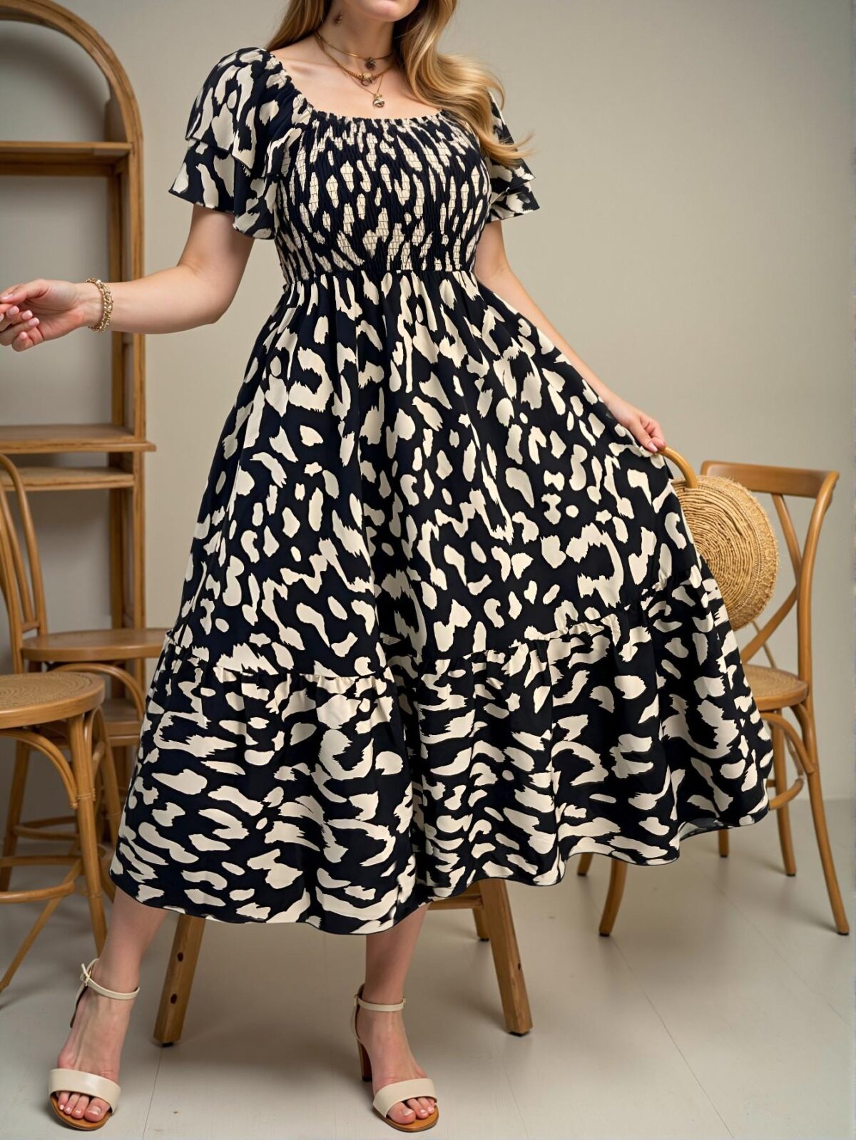 Elegant Black Ruffled Trim A-Line Vacation Dress with Floral Print and Waist Cinching for a Chic Summer Look - Classy and Trendy Fashion Style to Dress to Impress - Image 3