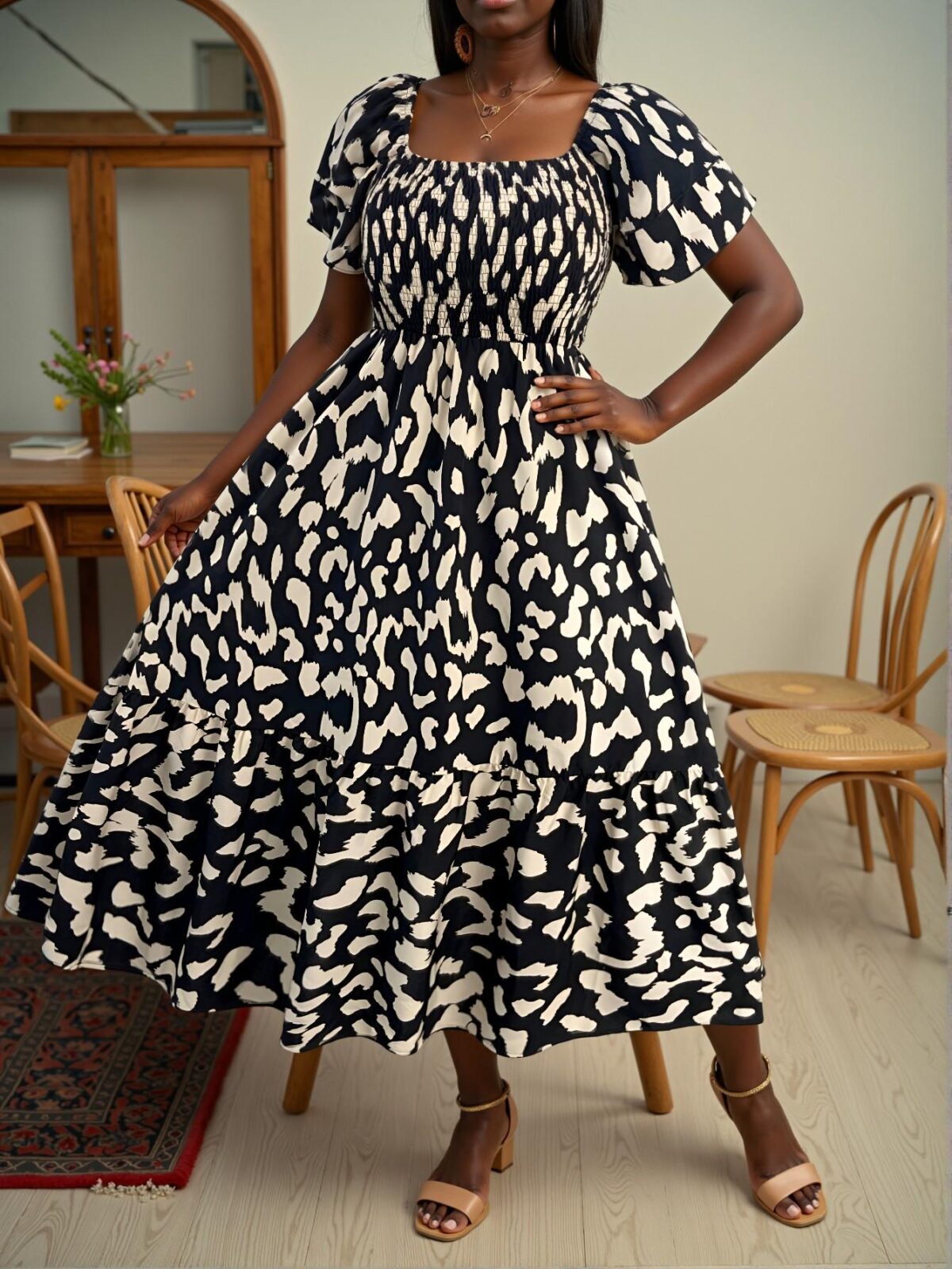 Elegant Black Ruffled Trim A-Line Vacation Dress with Floral Print and Waist Cinching for a Chic Summer Look - Classy and Trendy Fashion Style to Dress to Impress - Image 4