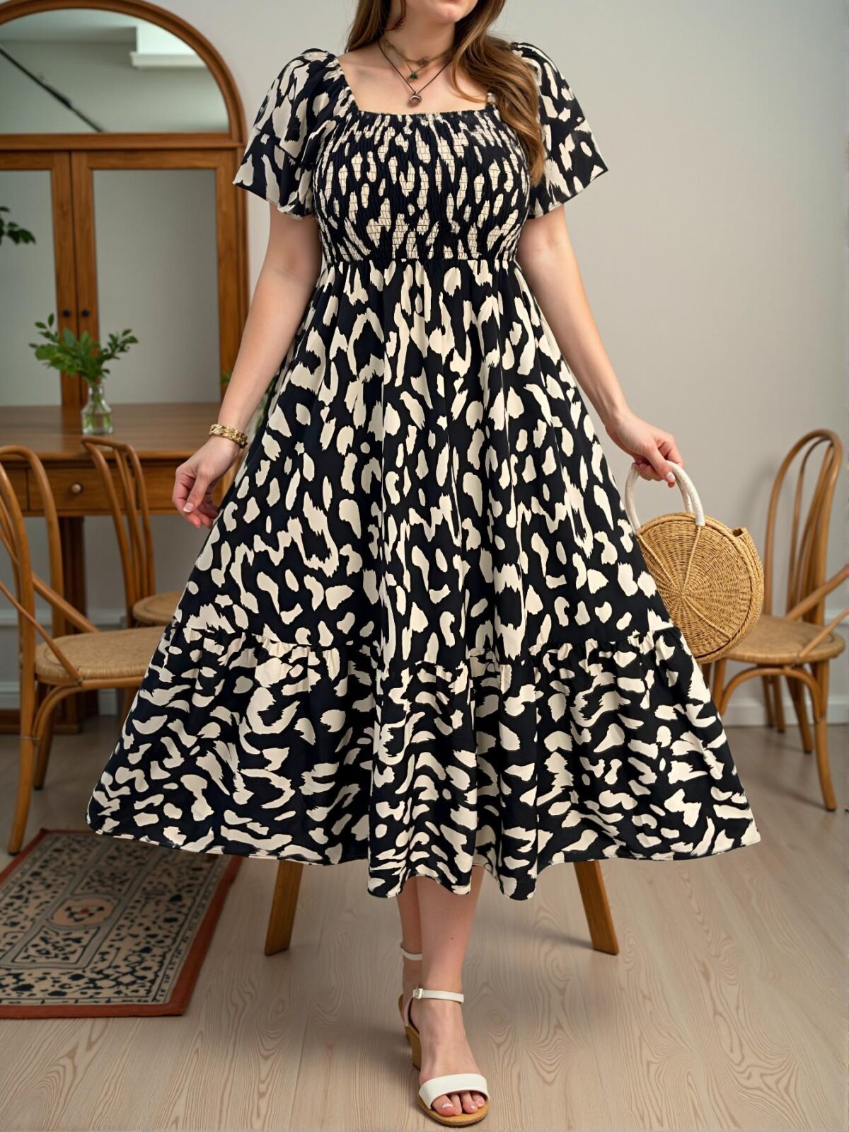 Elegant Black Ruffled Trim A-Line Vacation Dress with Floral Print and Waist Cinching for a Chic Summer Look - Classy and Trendy Fashion Style to Dress to Impress - Image 5