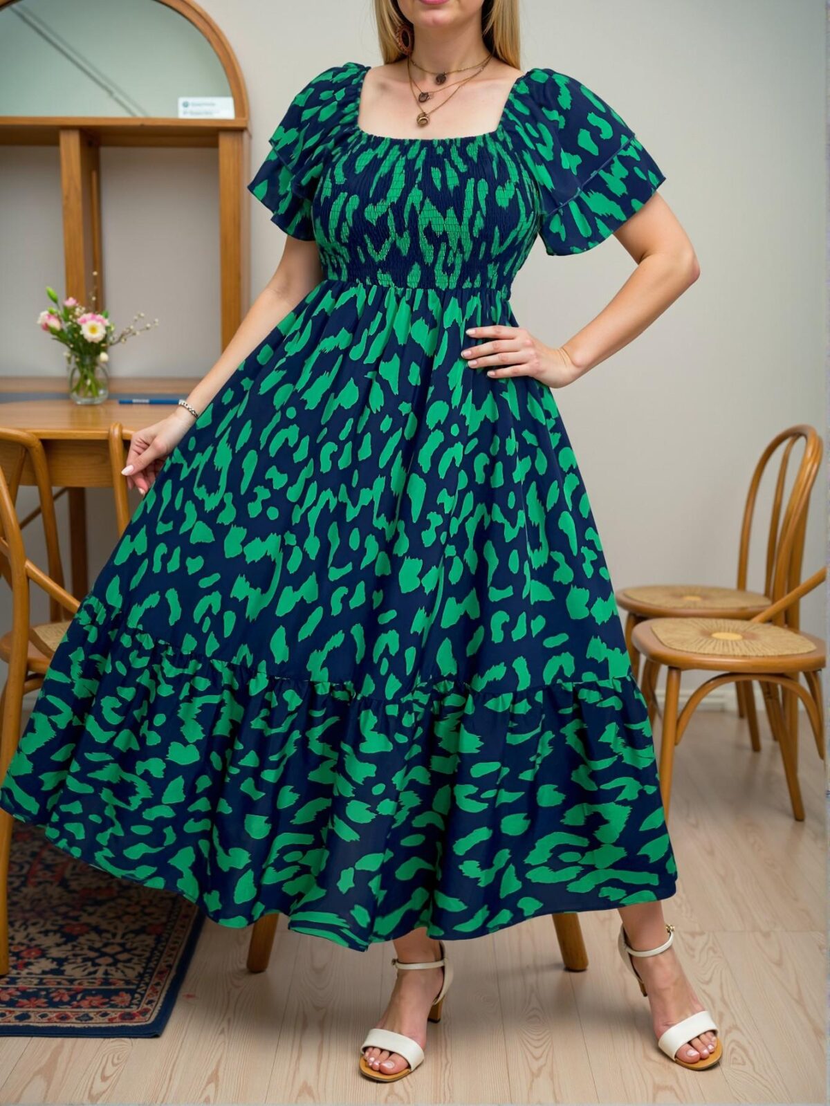 Elegant Green Slimming Casual Dress with Ruffled Sleeves and Waist Cinching Design for Spring and Summer - Chic, Classy, and Trendy Fashion Style to Dress to Impress - Image 4