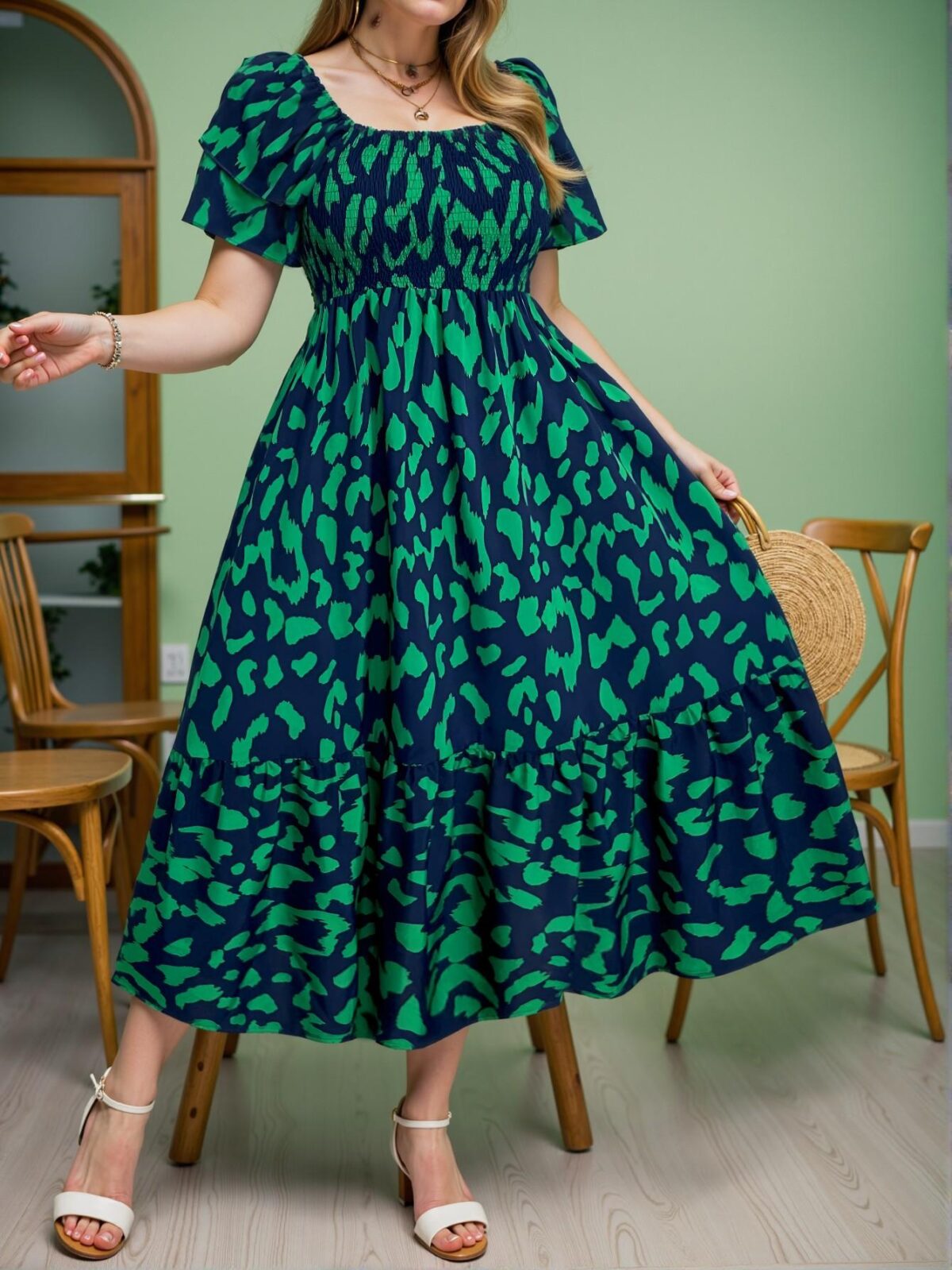 Elegant Green Slimming Casual Dress with Ruffled Sleeves and Waist Cinching Design for Spring and Summer - Chic, Classy, and Trendy Fashion Style to Dress to Impress - Image 5