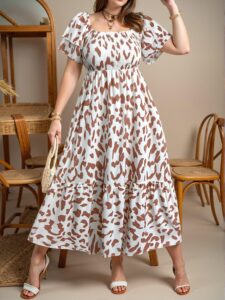 Elegant Pink Feminine Ruffle Sleeve High-Waisted Midi Dress with Flounce Hem and All Over Print for Your Stylish Vacation Look – Chic, Classy and Trendy Fashion Style to Dress to Impress