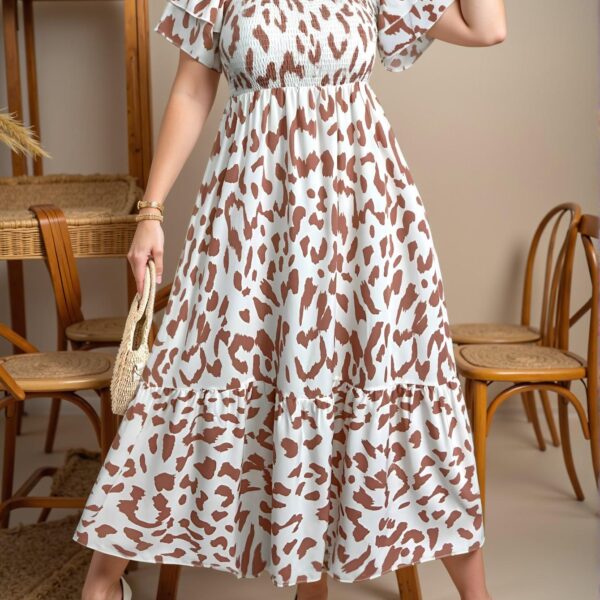 Elegant Pink Feminine Ruffle Sleeve High-Waisted Midi Dress with Flounce Hem and All Over Print for Your Stylish Vacation Look – Chic, Classy and Trendy Fashion Style to Dress to Impress