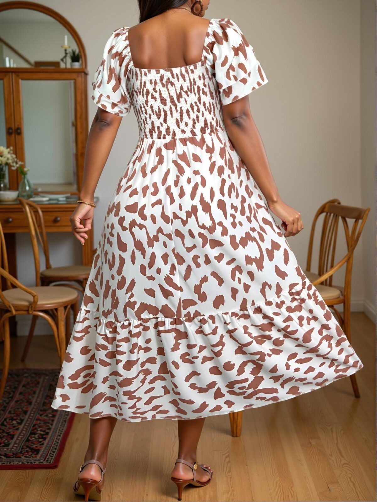 Elegant Pink Feminine Ruffle Sleeve High-Waisted Midi Dress with Flounce Hem and All Over Print for Your Stylish Vacation Look – Chic, Classy and Trendy Fashion Style to Dress to Impress - Image 2
