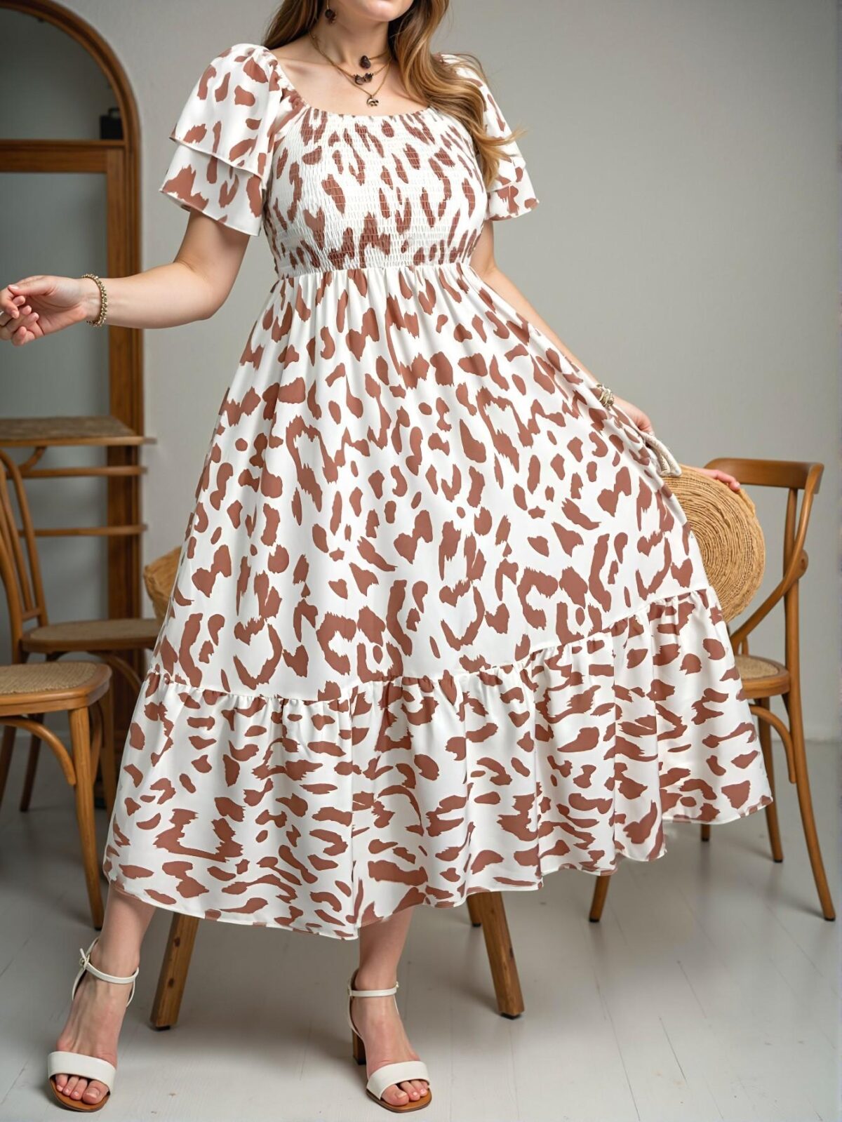 Elegant Pink Feminine Ruffle Sleeve High-Waisted Midi Dress with Flounce Hem and All Over Print for Your Stylish Vacation Look – Chic, Classy and Trendy Fashion Style to Dress to Impress - Image 3